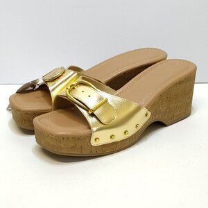 Time and Tru Gold Buckle Cork Wedge Platform Memory Foam Sandals Size 10 NWT